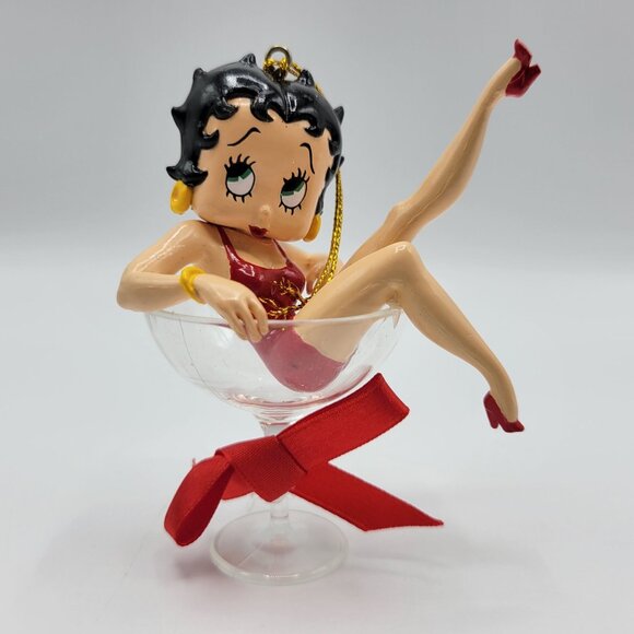 Vtg Betty Boop Ornament In Cocktail Glass With Red Bow Christmas Holiday Decor - Picture 1 of 13